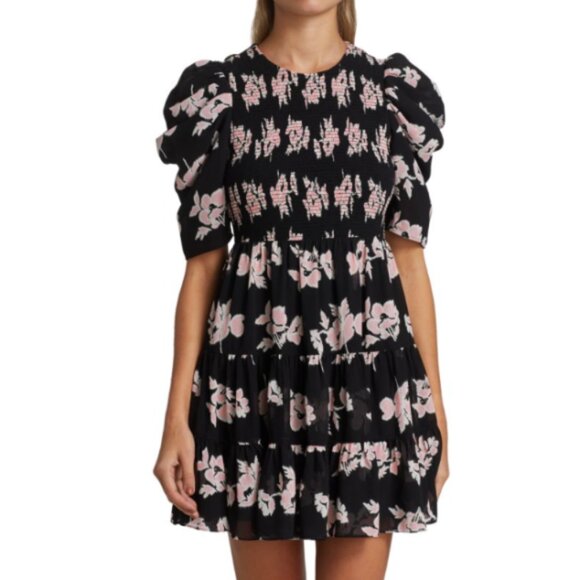 CINQ À SEPT 'Hollis' Smocked Floral-Print Mini-Dress, Black Multi - Picture 1 of 5